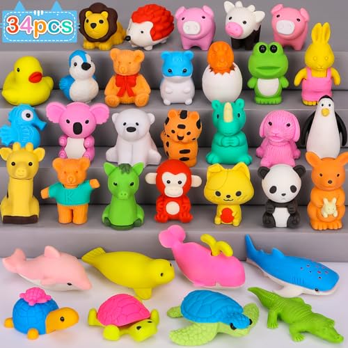 34 Pcs Animal Erasers (34 Count)