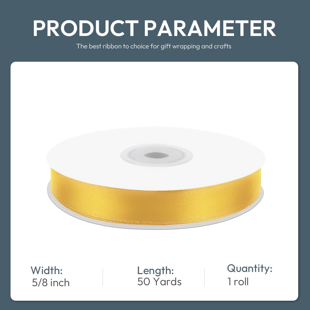 KMER LIFE 5/8" Wide x 50 Yards Yellow Single Faced Polyester Satin Ribbon, Yellow Satin Ribbon Perfect for Wedding Decor, Wreath, Crafts, Gift Wrapping & Other Projects (Yellow) - Crafty Corner