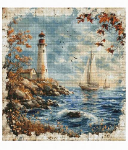 14ct Counted Cross Stitch Kits for Adults Seaside Tower Boat Printed Stamped Cross Stitch Patterns Kits Cross Stitch Supplies