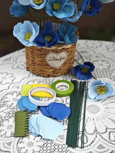 Blue Crepe Paper Poppy Flower DIY Making Kit 24 pcs Easy (24 Count)