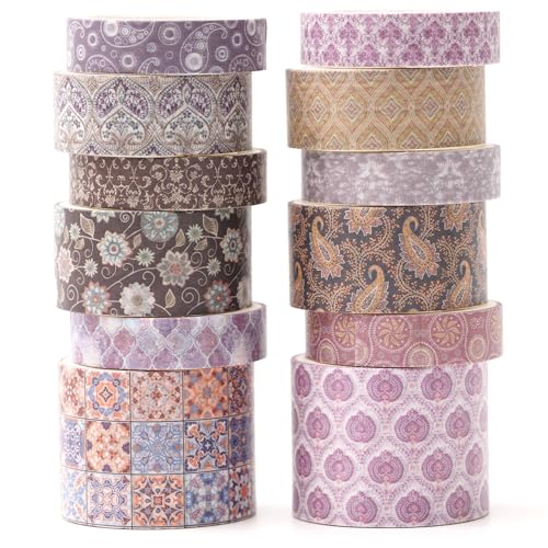 12 Rolls Exotic Charm Washi Tape Set Floral Arts Adhesive Tapes Geometric Garden Decorative Masking Tape Sets for Craft (12 Count)