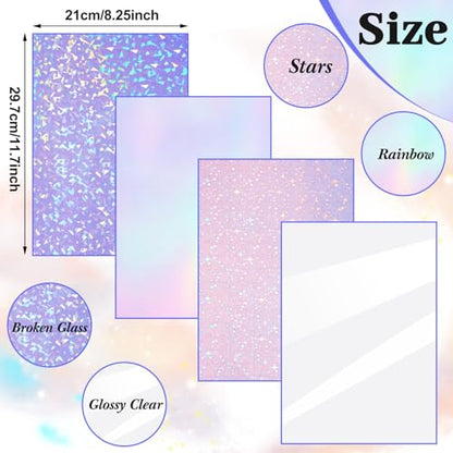 36 Sheets Holographic Sticker Paper A4 Vinyl Holographic Laminate Sheets Self Adhesive Waterproof Transparent Film (36 Count)