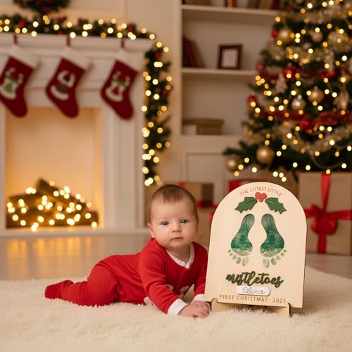Personalized Baby’s First Christmas 2026 Wooden Mistletoes Footprint Art