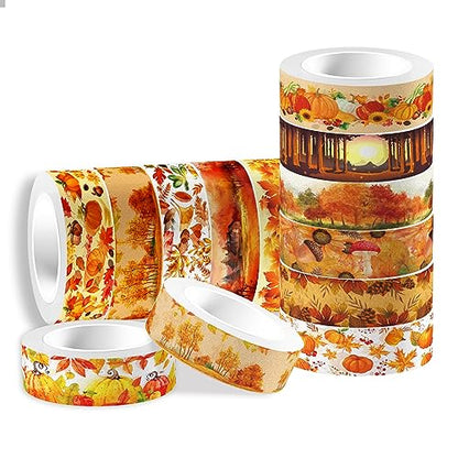 12 Pcs Thanksgiving Washi Tape Maple Leaf Print Masking Tape Pumpkin Pattern Decorative Paper Sticker for Fall Party Holiday Scrapbook DIY Craft Gift Wrapping Handbook Sticker (12 Count)