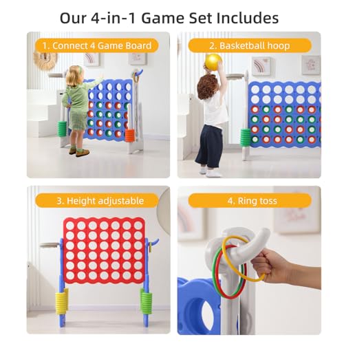 Jumbo 4-in-a-Row Game Set, Height Adjustable Indoor Outdoor Yard Game with Basketball Hoop, Ring Toss & Carrying Bag, Family Party Lawn Game for Kids and Adults