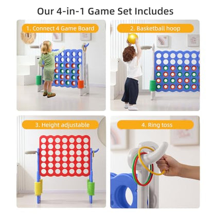 Jumbo 4-in-a-Row Game Set, Height Adjustable Indoor Outdoor Yard Game with Basketball Hoop, Ring Toss & Carrying Bag, Family Party Lawn Game for Kids and Adults
