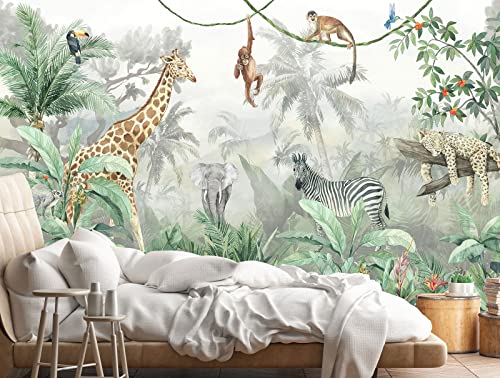 Kids Wallpaper Tropical Leves and Safari Animals (110.1 Sq Ft)