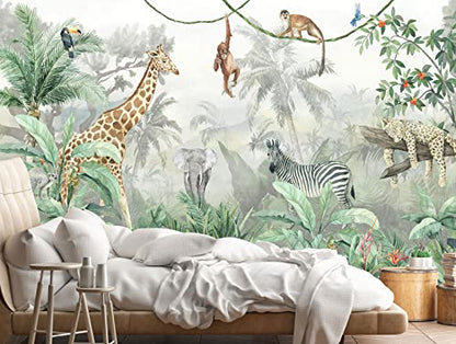 Kids Wallpaper Tropical Leves and Safari Animals (110.1 Sq Ft)