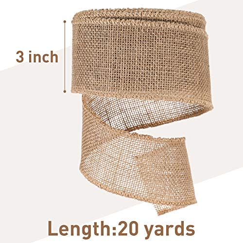 20 Yards 3 Inches Burlap Ribbon Wide Jute Ribbon Natural Burlap Fabric Roll Wired Edge for Wreaths (60 Foot)