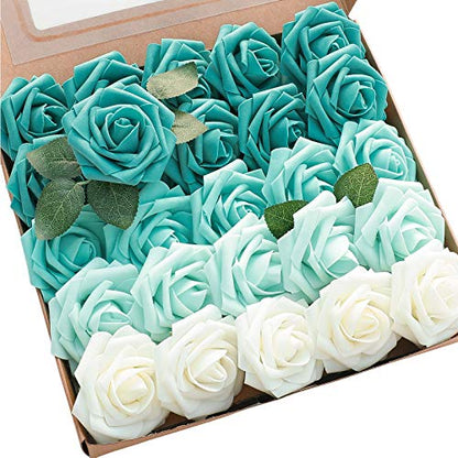 Artificial Flowers 25pcs Real Looking Green Ombre Colors Foam Fake Roses with Stems for DIY Wedding Bouquets Bridal Shower Centerpieces Floral Arrangements Party Tables Home Decorations (25 Count)