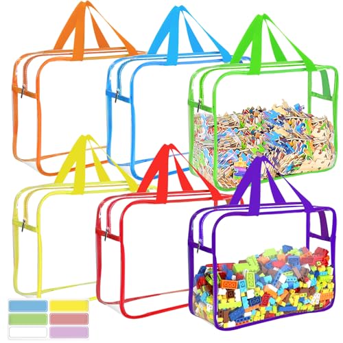 6 Colors Large Toy Storage Bags Reusable Clear Toy Organizer with Labels (6 Count)