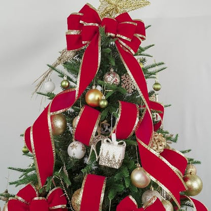 2.5 Inch Red Velvet Christmas Ribbon 10 Yards Velvet Wired Ribbons with Gold Greek Key Edge Ribbons Red Ribbon for Christmas Tree Decoration (30 Foot)