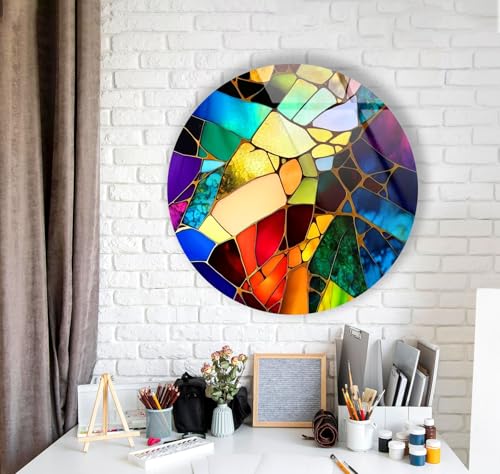 39,4''(100cm) Diameter Multicolor Round Stained Glass Wall Art Vibrant Mosaic Abstract Panel Tempered Glass Printing Wall Decor Large Wall Art Wall Hangings