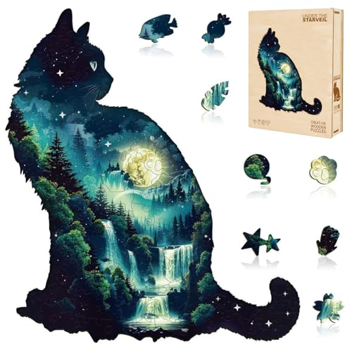 Cat Puzzles for Adults 200 Pieces Forest Waterfall Adult Puzzles Gifts for Women Men Cat Lovers Wooden Unique Shaped Animal Jigsaw Puzzles Birthday Holliday (120 Count)