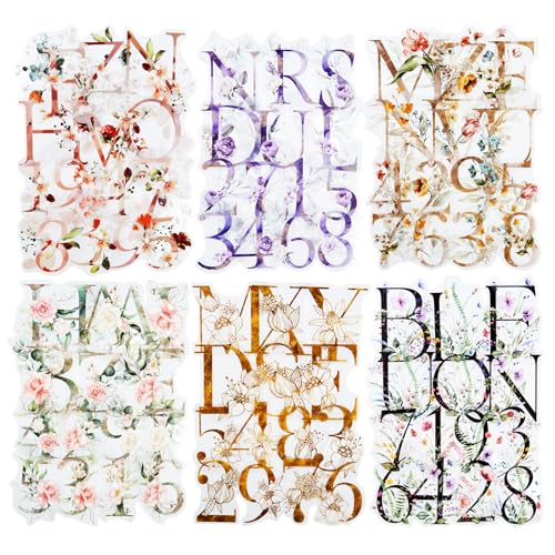216 Pcs Floral Alphabet and Number PET Stickers for Scrapbooking (216 Count)
