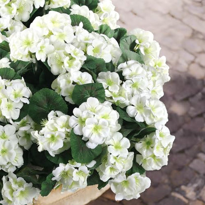 12 Pcs Artificial Geranium Flowers for Outdoors Geranium White Silk Flowers Outdoor UV Resistant Garden Plants Faux Flowers for Home Kitchen Table Centerpieces Decor