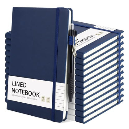 12 Set Lined Notebook Journals with Pens A5 Notebooks 100 GSM College Ruled Hardcover Notebook PU Leather Notepad with Pen Holder for Office School (60 Count)