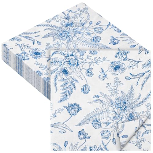 48 Pieces Floral Paper Napkins Disposable Blue Floral Napkins Blue and White Cocktail Dinner Napkin Set 13" x 13" Unfolded Decoupage Tableware Napkins for Garden Party Supplies (48 Count)