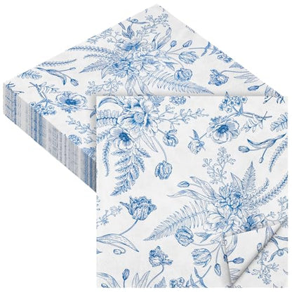 48 Pieces Floral Paper Napkins Disposable Blue Floral Napkins Blue and White Cocktail Dinner Napkin Set 13" x 13" Unfolded Decoupage Tableware Napkins for Garden Party Supplies (48 Count)