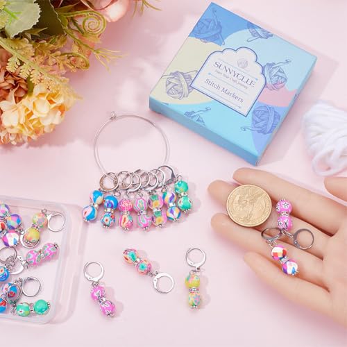 1 Box 20Pcs Stitch Markers Crochet Stitch Marker Cute Round Polymer Clay Beads Charms Clip On Removable Leverbacks Zipper Pull Charm Locking Knitting Markers for Yarns DIY Sewing Quilting (20 Count)