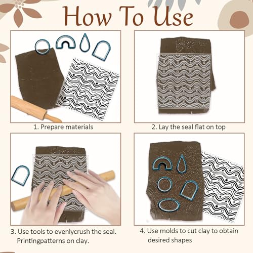 4 Pcs Artistic Wavy Polymer Clay Texture Sheets Wavy Lines Silicone Texture Stamp Seamless Pattern Modeling Pattern Pad Sheets for Jewelry and Earrings Tools