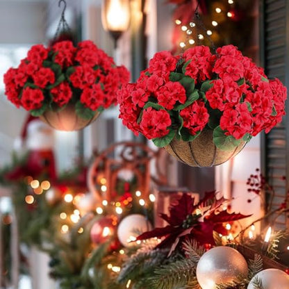 24 Pcs Artificial Geranium Flowers for Outdoors Geranium Silk Red Flowers Outdoor UV Resistant Garden Plants Faux Flower for Christmas Home Kitchen Table Centerpieces Decor