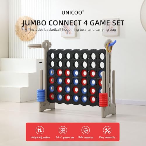 Jumbo 4-in-a-Row Game Set, Height Adjustable Indoor Outdoor Yard Game with Basketball Hoop, Ring Toss & Carrying Bag, Family Party Lawn Game for Kids and Adults (Grey & Black)