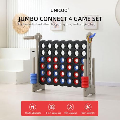 Jumbo 4-in-a-Row Game Set, Height Adjustable Indoor Outdoor Yard Game with Basketball Hoop, Ring Toss & Carrying Bag, Family Party Lawn Game for Kids and Adults (Grey & Black)