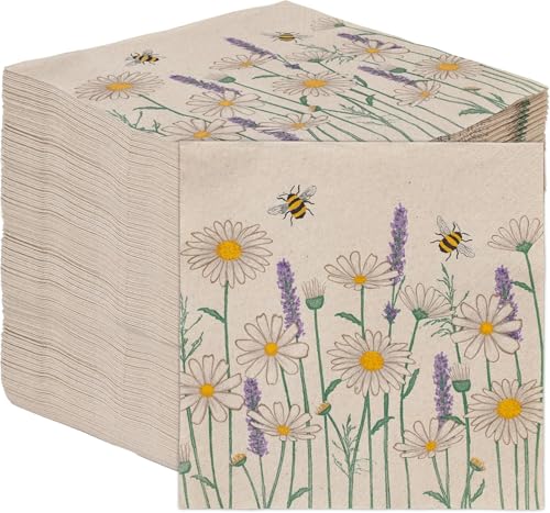 Table Kind 100 x Soft Recycled Floral Napkins Wildflower Napkins for Decoupage Daisy Bee Pretty Disposable Party Serviettes for Spring Weddings (100 Count)