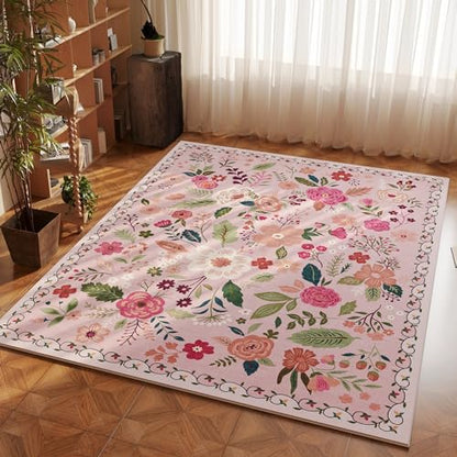 Area Rug 4x6 Rug Washable Boho Rugs Non Slip Low Pile Floral Small Carpet for Bedroom