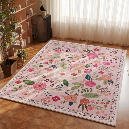 Bedroom Rug 3x5 Rug Washable Area Rug Non Slip Low Pile Boho Floral Small Carpet for Bedroom