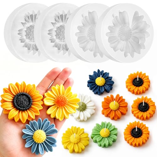 4 Pcs 3D Flower Silicone Molds Daisy Sunflower for Candle Soap Cake Topper (4 Count)