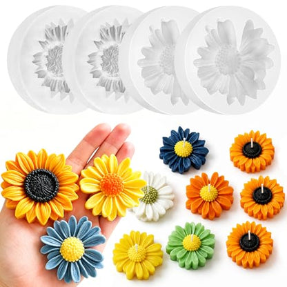 4 Pcs 3D Flower Silicone Molds Daisy Sunflower for Candle Soap Cake Topper (4 Count)