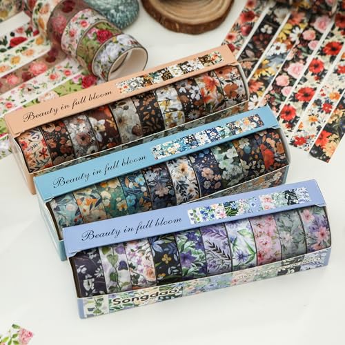 10 Rolls Blooming Flowers Washi Tape Set Floral Arts Adhesive Tapes Colorful Garden Decorative Masking Tape Sets for Craft (10 Count)