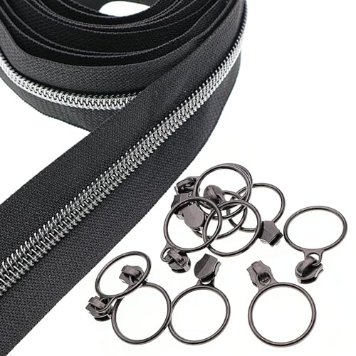 5 Black Nickel Metallic Nylon Coil Teeth Zippers by the Yard Bulk 10 Yards Black Zipper Tape with 25pcs Black Nickel Ring Pull Sliders for DIY Sewing Tailor Craft Bag