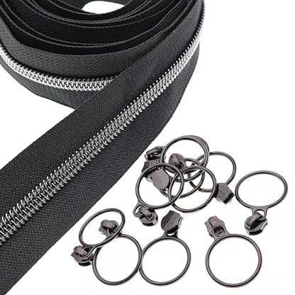 5 Black Nickel Metallic Nylon Coil Teeth Zippers by the Yard Bulk 10 Yards Black Zipper Tape with 25pcs Black Nickel Ring Pull Sliders for DIY Sewing Tailor Craft Bag