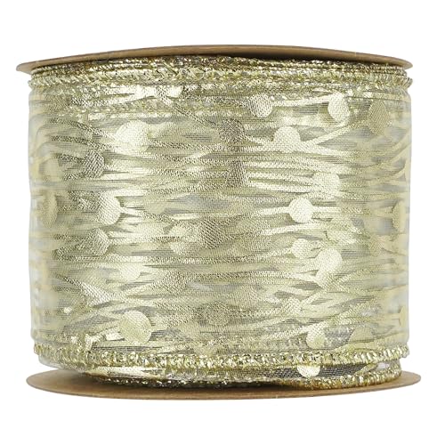 Gold Wired Ribbon 2.5 Inch Sheer Wired Christmas Ribbon with Horizontal Stripes and Polka Dots Christmas Ribbons Organza Wire 25 Yards Organza Sheer Ribbons for Gift Wrapping (75 Foot)