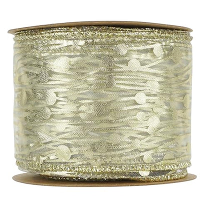 Gold Wired Ribbon 2.5 Inch Sheer Wired Christmas Ribbon with Horizontal Stripes and Polka Dots Christmas Ribbons Organza Wire 25 Yards Organza Sheer Ribbons for Gift Wrapping (75 Foot)