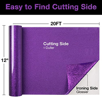 Purple Glitter HTV Heat Transfer Vinyl Roll 12 inch x 20 ft Sparkly Iron on Vinyl for T Shirts Crafts Bulk