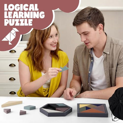 3 Pack Large Wooden Blocks Puzzles Hexagon Tangram Puzzle Wooden Russian Brain Puzzles for Adult Challenge Teasers Geometric Jigsaw Logic Iq STEM Educational Gift Graduation (3 Count)
