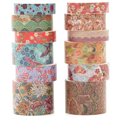 12 Rolls Kyoto Charm Washi Tape Set Japanese Arts Adhesive Tapes Geometric Garden Decorative Masking Tape Sets for Craft