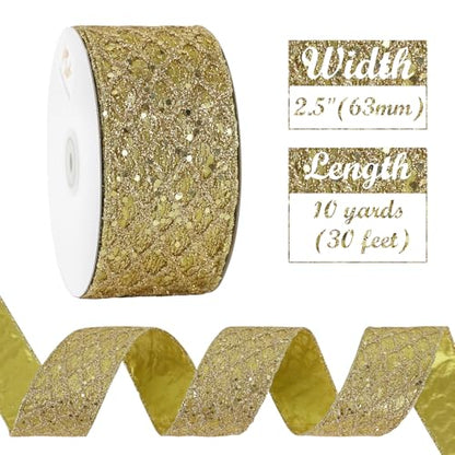 Glitter Gold Diamond Christmas Wired Ribbon 2.5 inch x 10 Yards (30 Foot)