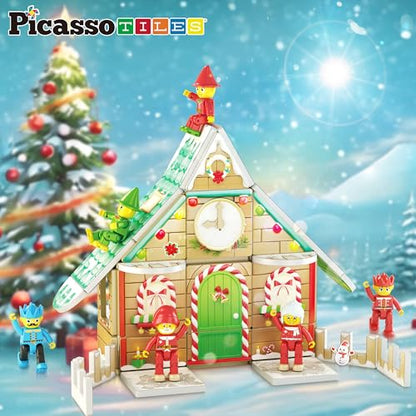 Magnetic Tile Christmas Holidays Cottage Building Set with Santa Elves Nutcracker 6 Character Figures STEM Educational Construction Toy Winter Magnet Block Gift for Kids Age 3 Plus PTQ08