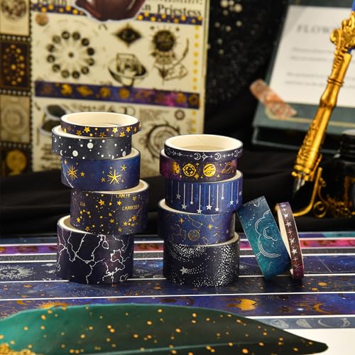 20 Rolls Galaxy Washi Tape Set Stars Arts Adhesive Tapes Gold Silver Foil Decorative Masking Tape Sets for Craft (120 Foot)