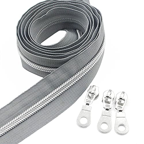 5 Metallic Silver Nylon Coil Zippers by The Yard Bulk 10 Yards Grey Tape with 25pcs Silver Sliders for DIY Sewing Tailor Craft Bag