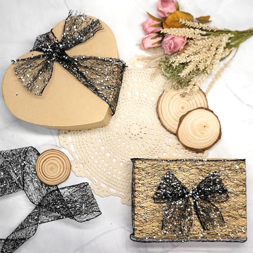 Sparkling Glitter Mesh Wired Ribbon 6" x 10 Yards Black for Christmas Home Decor Bow Gift Wrapping DIY Crafts Wreath (30 Foot)