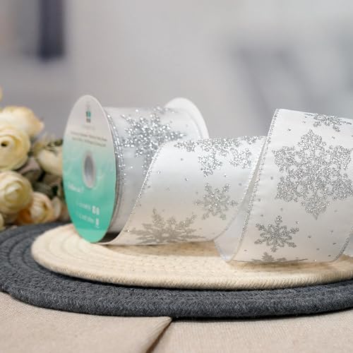 White Satin with Silver Snowflake Wired Ribbon 2.5 Inch x 10 Yards for Christmas Home Decor Tree Topper Bow Gift Wrapping DIY Crafts Wreath Garland (30 Foot)