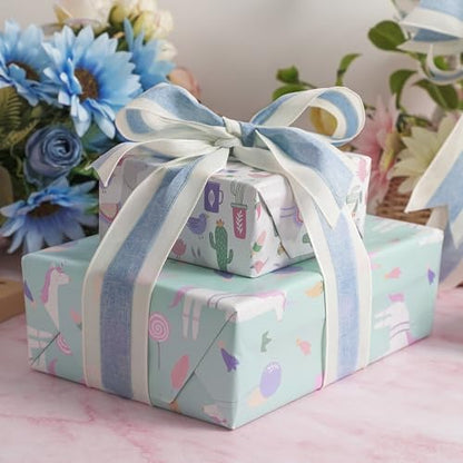 Blue and White Stripe Ribbon Wired 2.5 Inch Light Blue Burlap Ribbons with Ivory Stripe Edge Wreath Supplies (30 Foot)