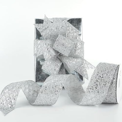 Silver Glitter Wired Christmas Tree Ribbon 2.5 inch x 10 Yards (30 Foot)