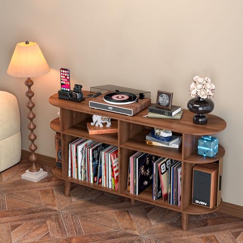 Large Round Record Player Stand with Charging Station & USB Ports